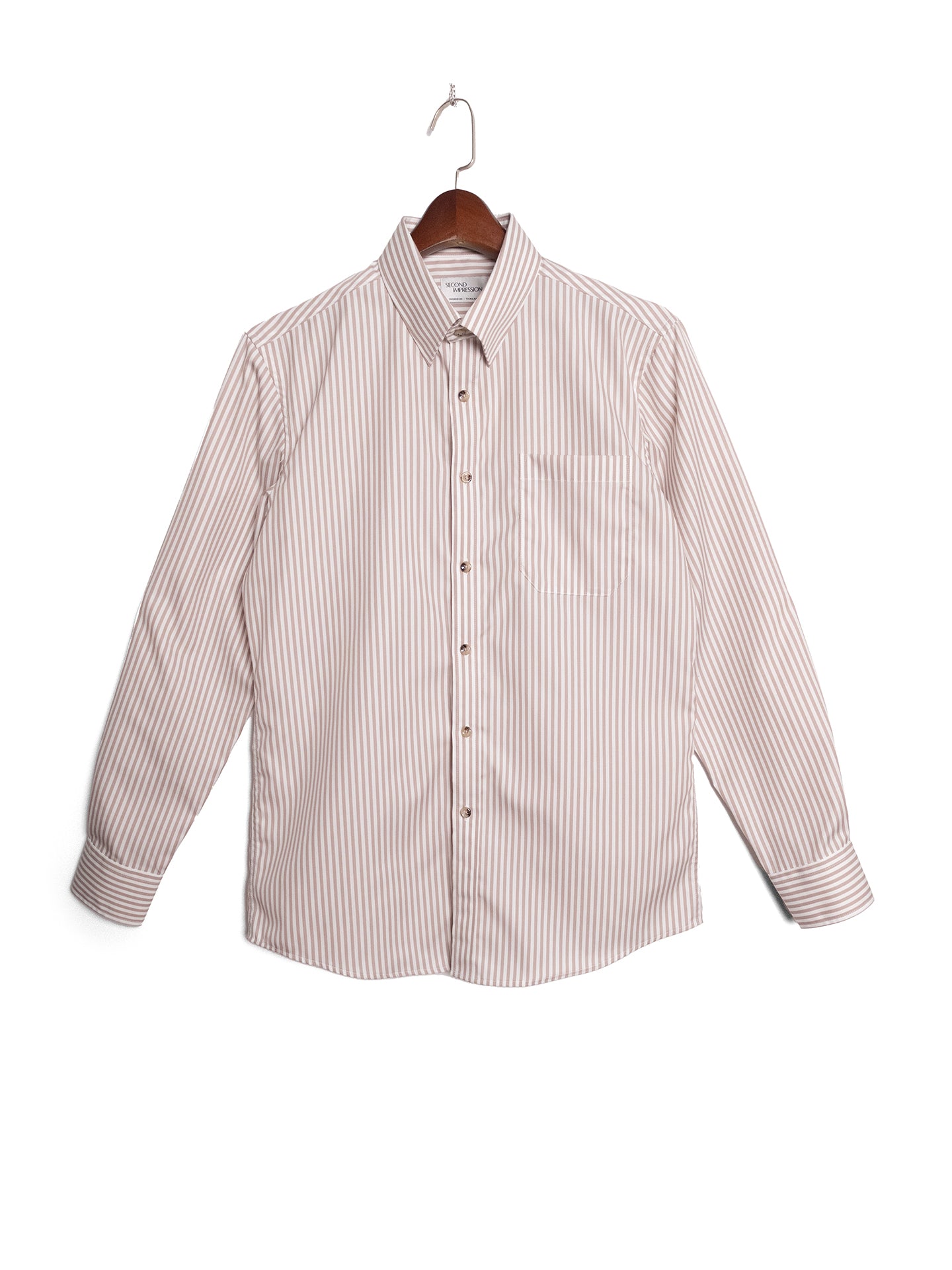 [S5S-BROWN] เสื้อเชิ้ต Classic collar hidden button down ผ้าคอตตอน 100% ลายทาง (Brown stripe)