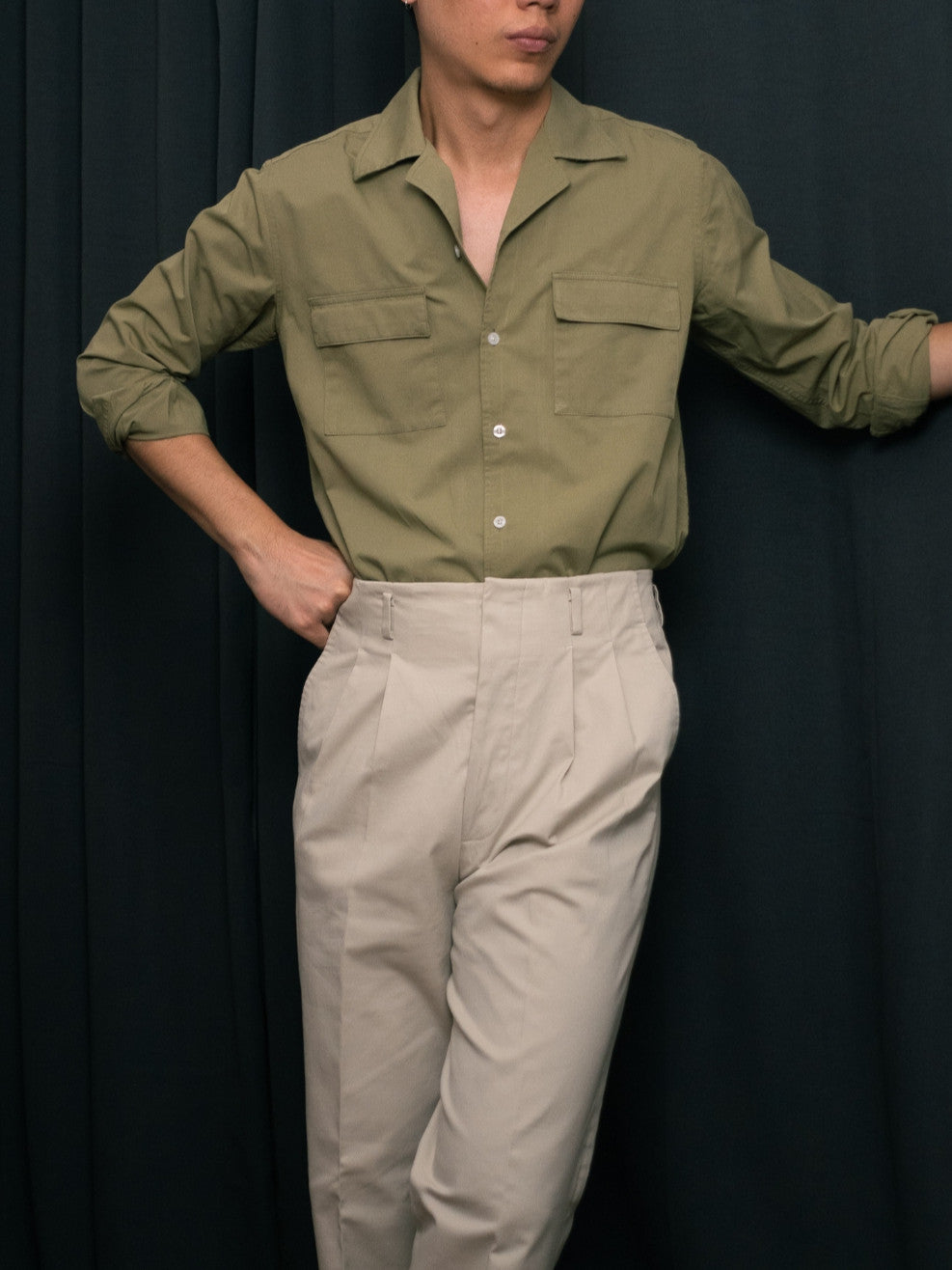 S5-OLIVE เสื้อเชิ้ต Cuban collar shirt สี "OLIVE"
