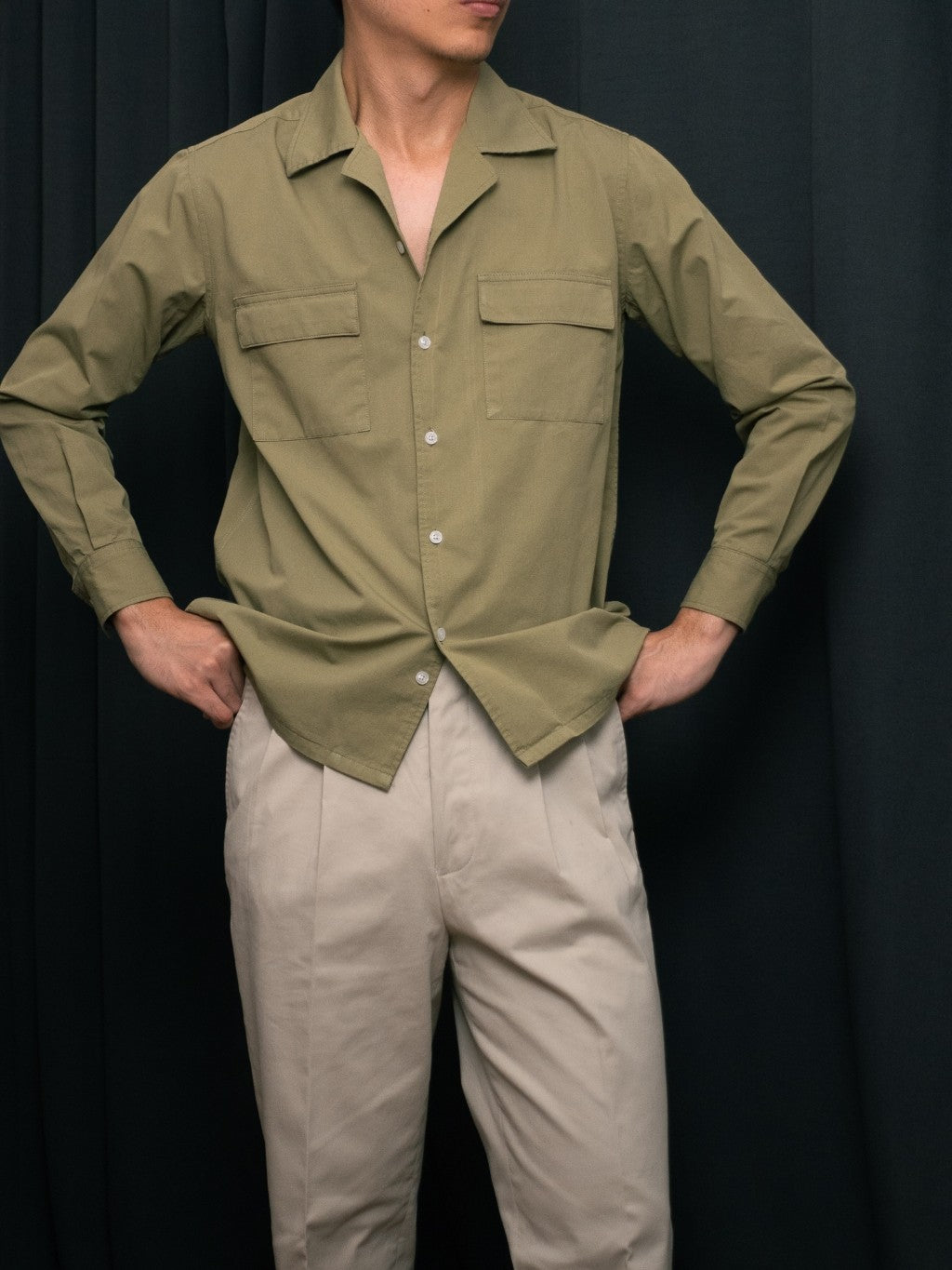 S5-OLIVE เสื้อเชิ้ต Cuban collar shirt สี "OLIVE"