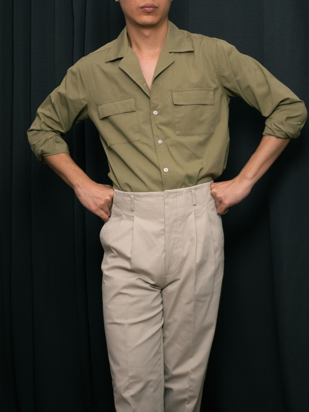 S5-OLIVE เสื้อเชิ้ต Cuban collar shirt สี "OLIVE"
