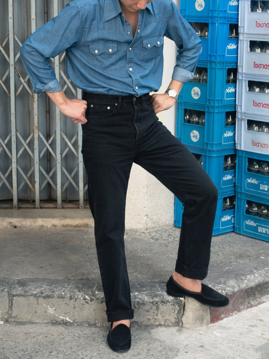[HWDW-VBLACK]กางเกงยีนส์สีดำเอวสูงริมแดง High Waist 90s jeans "Vintage Black"