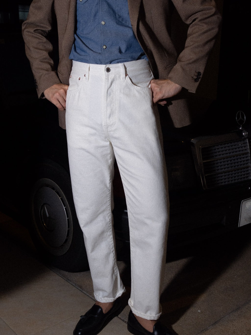 [HWDW-OFFW]กางเกงยีนส์สีขาวเอวสูงริมแดง High Waist 90s jeans "off white selvedge"