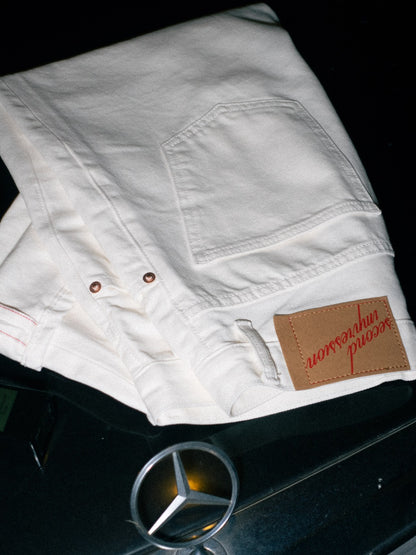 [HWDW-OFFW]กางเกงยีนส์สีขาวเอวสูงริมแดง High Waist 90s jeans "off white selvedge"