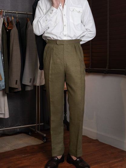 [T12LN-OLIVE] กางเกงลินินขายาวเอวสูง Classic High Waist Trousers โมเดล T12LN สี Olive