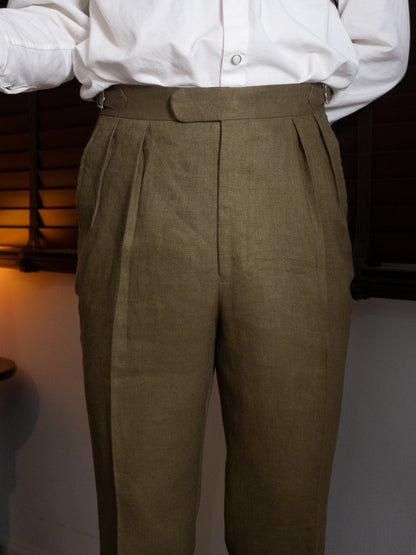 [T12LN-OLIVE] กางเกงลินินขายาวเอวสูง Classic High Waist Trousers โมเดล T12LN สี Olive