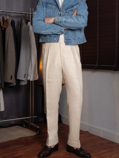 [T12LN-BEIGE] กางเกงลินินขายาวเอวสูง Classic High Waist Trousers โมเดล T12LN สี Beige
