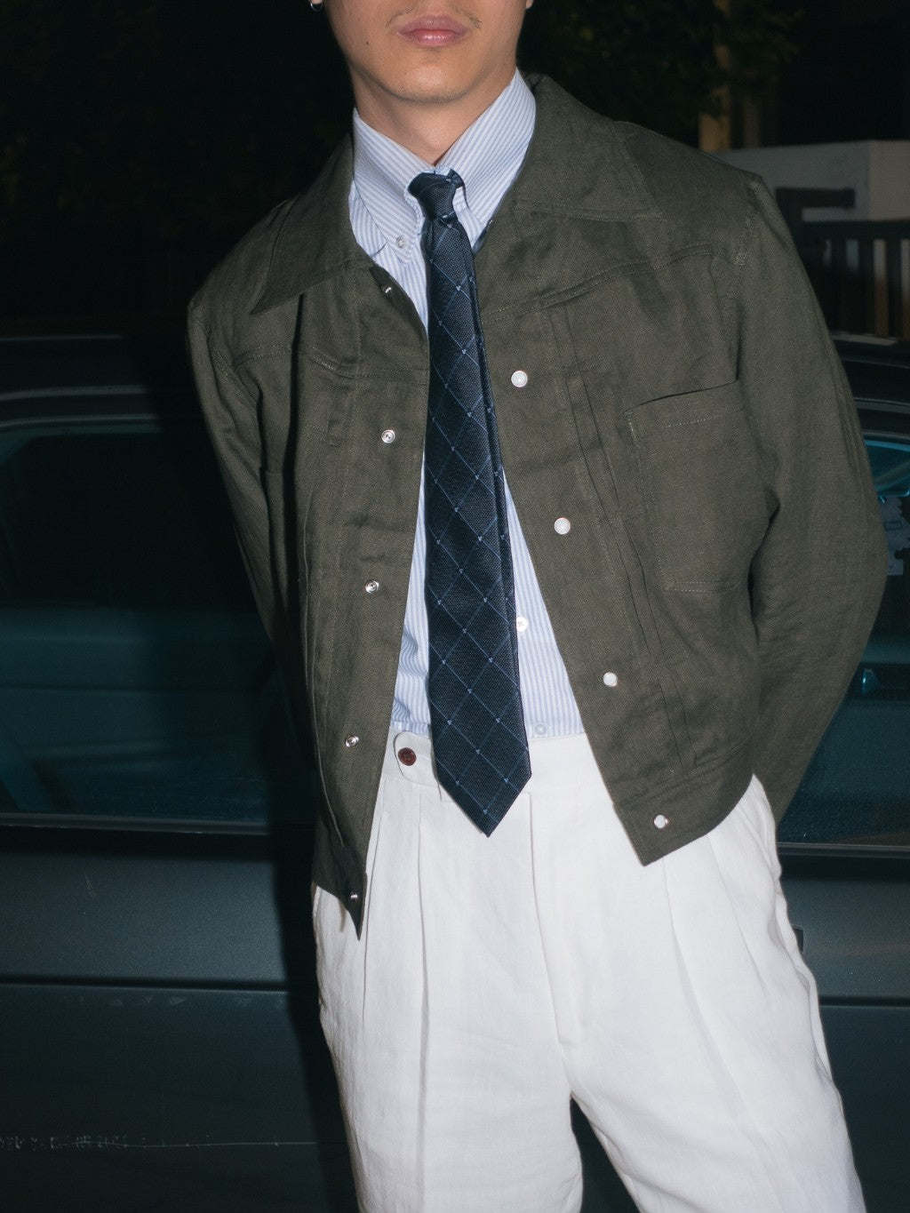 [J1LN-OLIVE] Linen trucker jacket - แจ๊คเก๊ตลินินทรงครอป