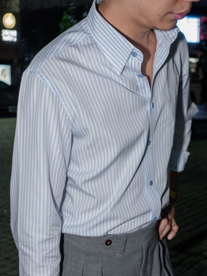 [S5S-BLUES]เสื้อเชิ้ต Classic collar hidden button down ผ้าคอตตอน 100% ลายทาง (Blue stripe)