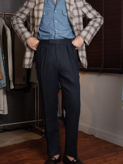 [T12LN-NAVY] กางเกงลินินขายาวเอวสูง Classic High Waist Trousers โมเดล T12LN สี Navy