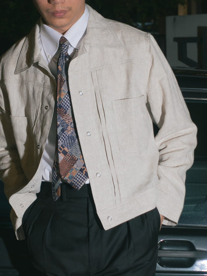[J1LN-BEIGE] Linen trucker jacket - แจ๊คเก๊ตลินินทรงครอป