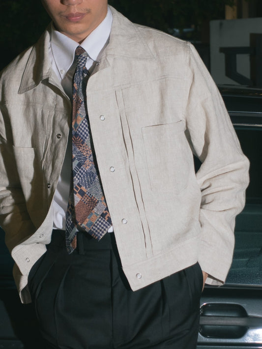 [J1LN-BEIGE] Linen trucker jacket - แจ๊คเก๊ตลินินทรงครอป