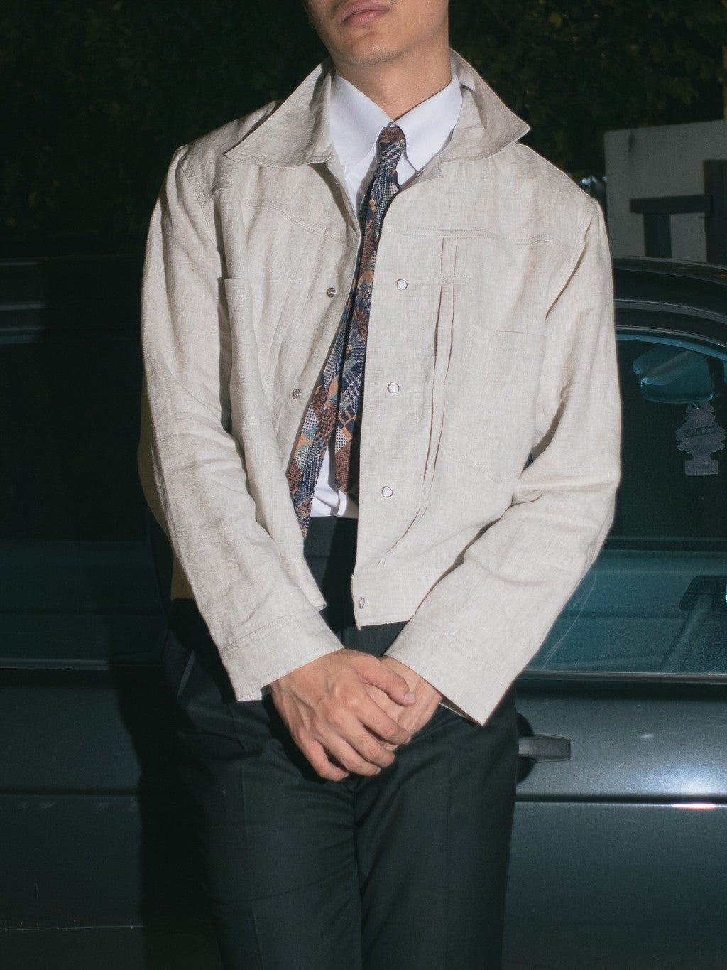 [J1LN-BEIGE] Linen trucker jacket - แจ๊คเก๊ตลินินทรงครอป