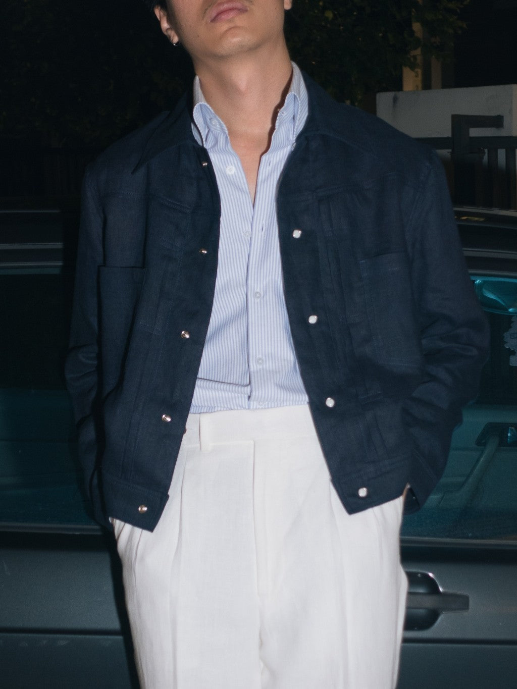 [J1LN-NAVY] Linen trucker jacket - แจ๊คเก๊ตลินินทรงครอป