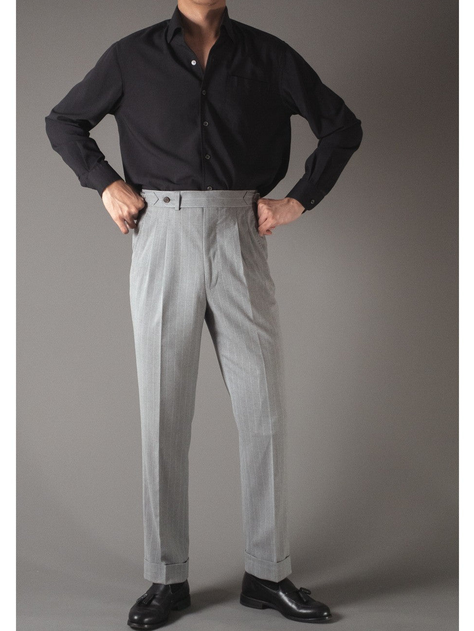 [T9SP-LIGHTG] กางเกงขายาวเอวสูง ลาย Pinstripe Classic High Waist Trousers "LIGHT GRAY"