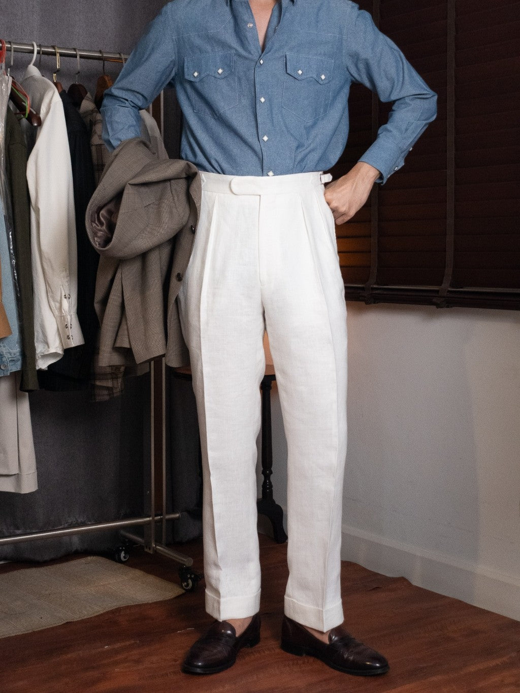 [T12LN-OFFW] กางเกงลินินขายาวเอวสูง Classic High Waist Trousers โมเดล T12LN สี OffWhite