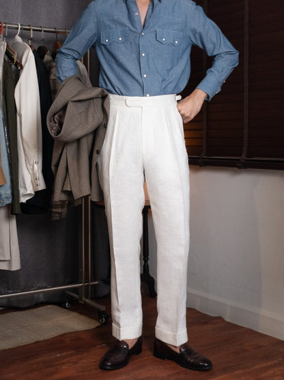 [T12LN-OFFW] กางเกงลินินขายาวเอวสูง Classic High Waist Trousers โมเดล T12LN สี OffWhite