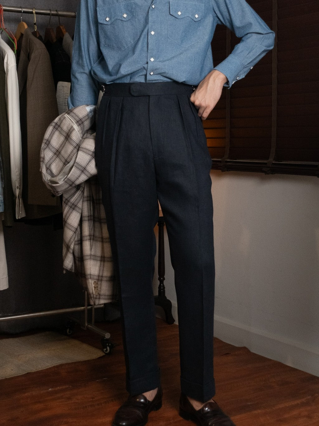 [T12LN-NAVY] กางเกงลินินขายาวเอวสูง Classic High Waist Trousers โมเดล T12LN สี Navy