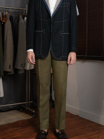 [T12LN-OLIVE] กางเกงลินินขายาวเอวสูง Classic High Waist Trousers โมเดล T12LN สี Olive