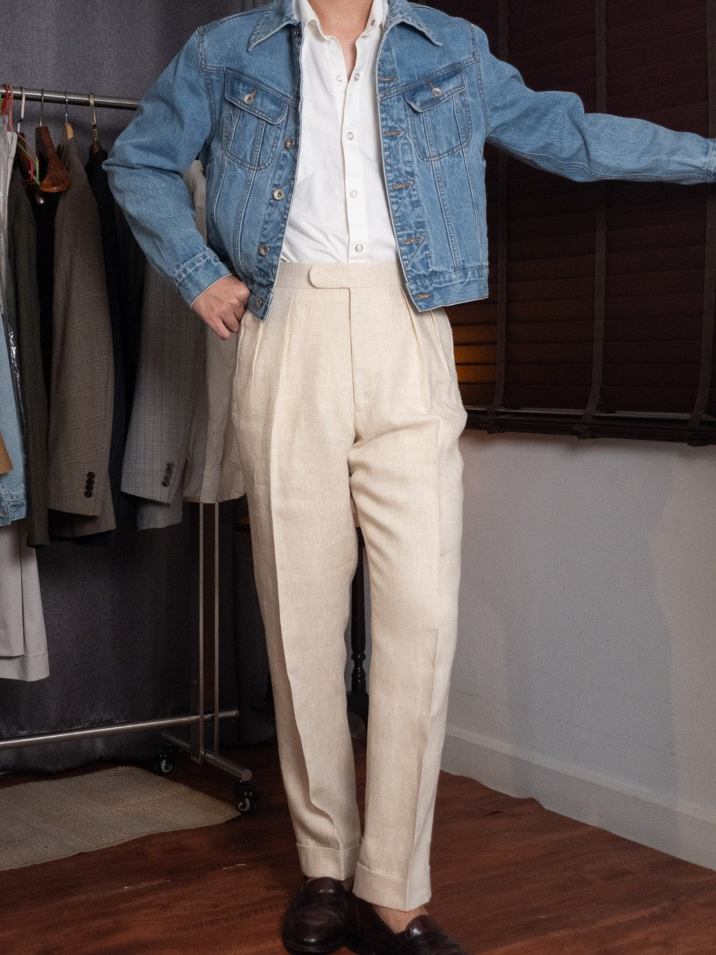 [T12LN-BEIGE] กางเกงลินินขายาวเอวสูง Classic High Waist Trousers โมเดล T12LN สี Beige