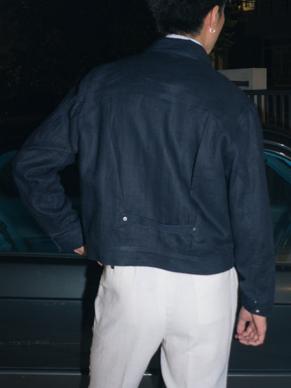 [J1LN-NAVY] Linen trucker jacket - แจ๊คเก๊ตลินินทรงครอป