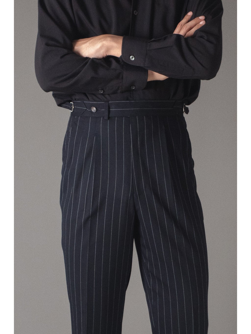 [T9SP-DARKG] กางเกงขายาวเอวสูง ลาย Pinstripe Classic High Waist Trousers "DARK GRAY"