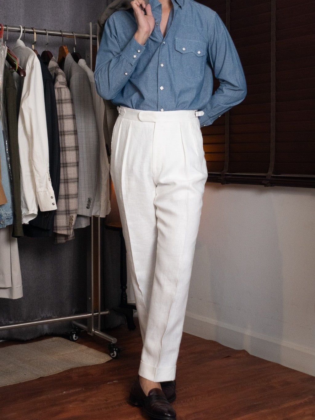 [T12LN-OFFW] กางเกงลินินขายาวเอวสูง Classic High Waist Trousers โมเดล T12LN สี OffWhite