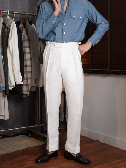 [T12LN-OFFW] กางเกงลินินขายาวเอวสูง Classic High Waist Trousers โมเดล T12LN สี OffWhite