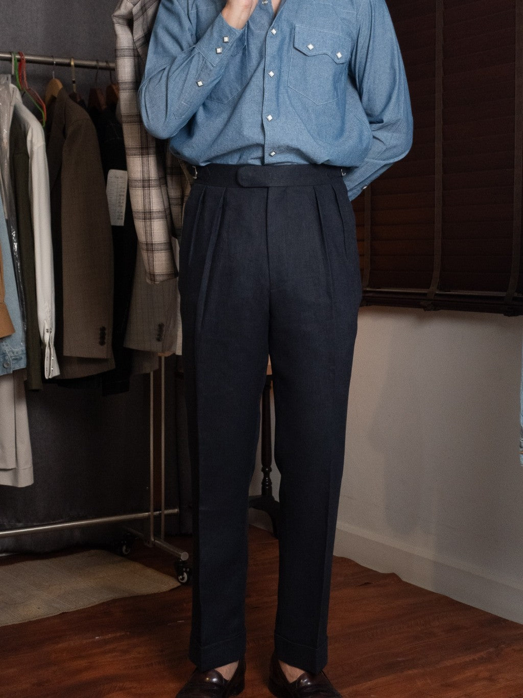 [T12LN-NAVY] กางเกงลินินขายาวเอวสูง Classic High Waist Trousers โมเดล T12LN สี Navy