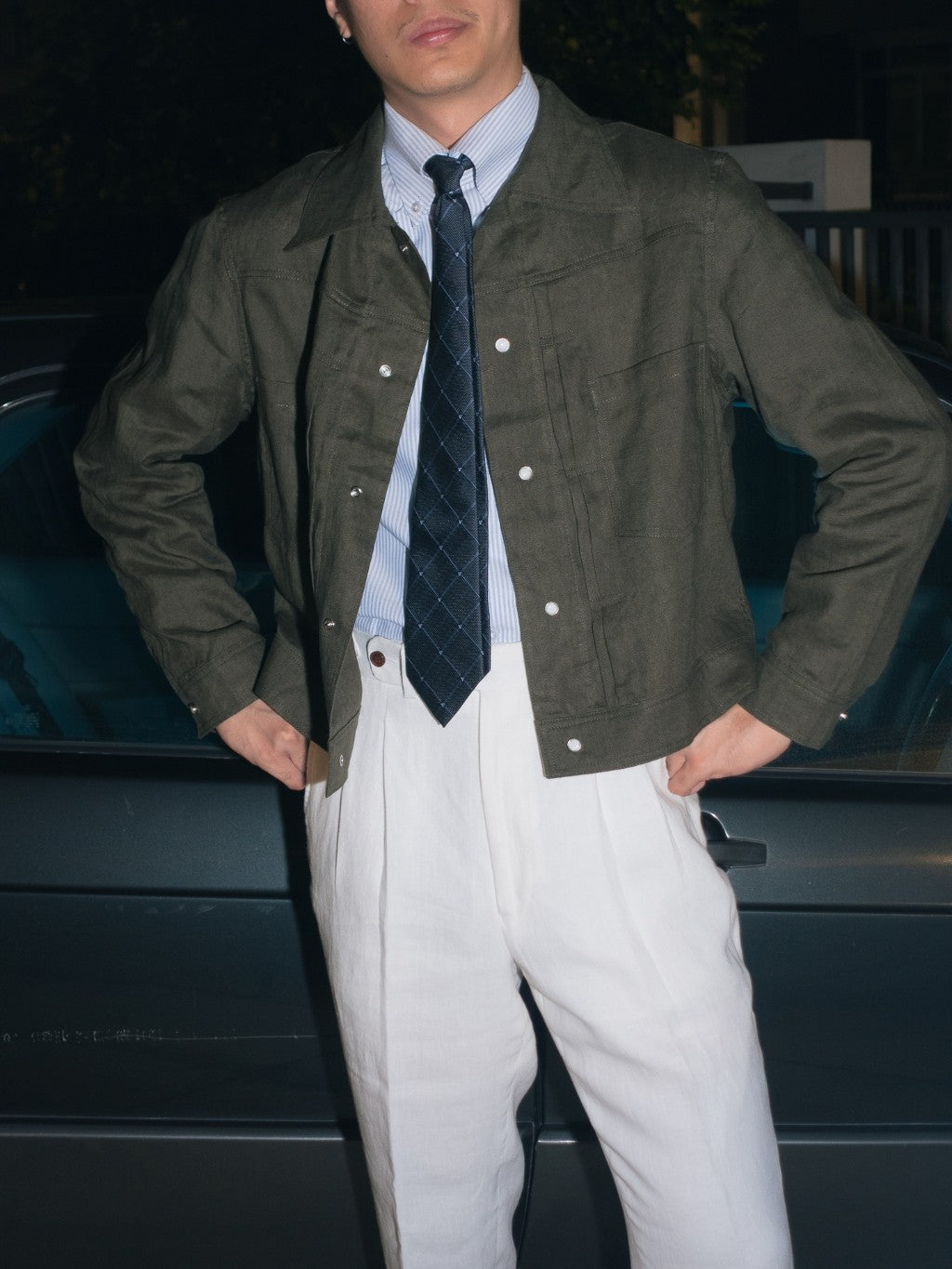 [J1LN-OLIVE] Linen trucker jacket - แจ๊คเก๊ตลินินทรงครอป