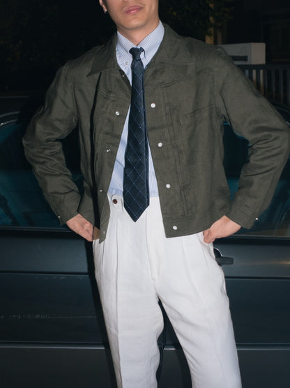 [J1LN-OLIVE] Linen trucker jacket - แจ๊คเก๊ตลินินทรงครอป