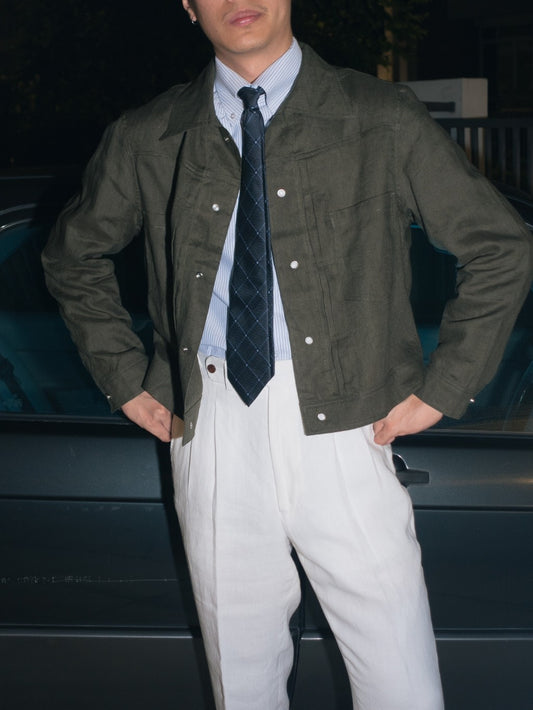 [J1LN-OLIVE] Linen trucker jacket - แจ๊คเก๊ตลินินทรงครอป