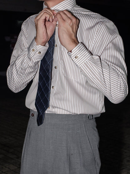 [S5S-BROWN] เสื้อเชิ้ต Classic collar hidden button down ผ้าคอตตอน 100% ลายทาง (Brown stripe)