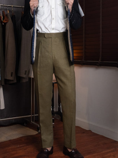 [T12LN-OLIVE] กางเกงลินินขายาวเอวสูง Classic High Waist Trousers โมเดล T12LN สี Olive