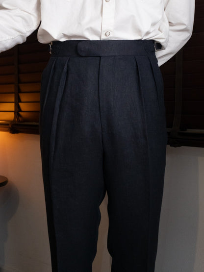 [T12LN-NAVY] กางเกงลินินขายาวเอวสูง Classic High Waist Trousers โมเดล T12LN สี Navy