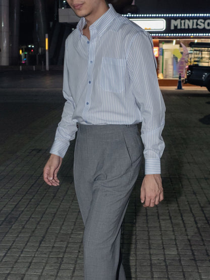 [S5S-BLUES]เสื้อเชิ้ต Classic collar hidden button down ผ้าคอตตอน 100% ลายทาง (Blue stripe)