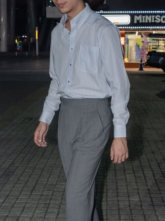 [S5S-BLUES]เสื้อเชิ้ต Classic collar hidden button down ผ้าคอตตอน 100% ลายทาง (Blue stripe)
