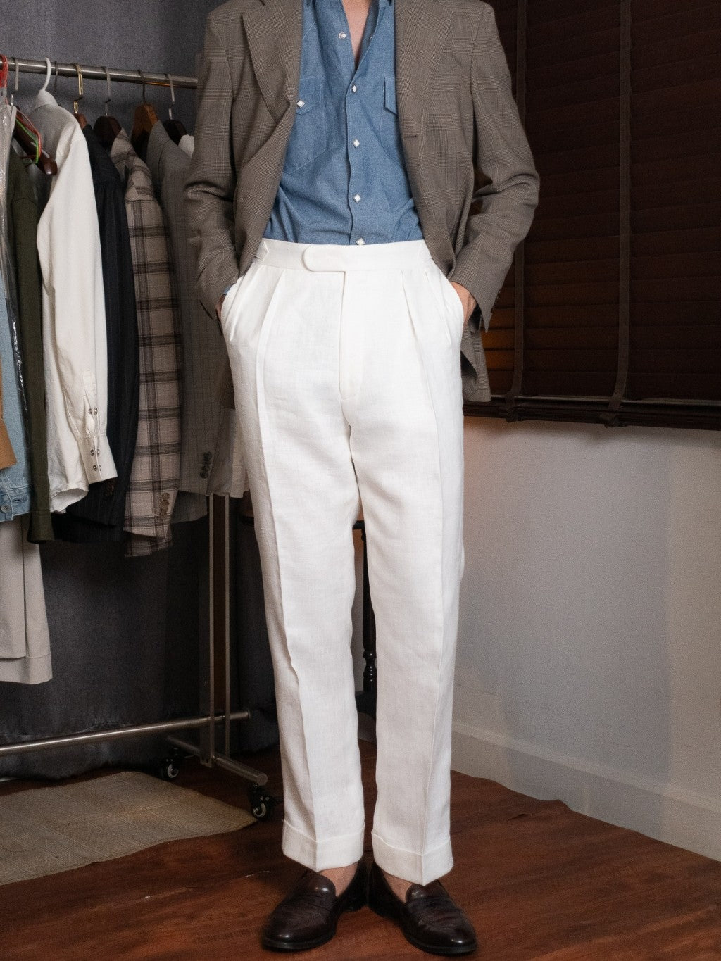 [T12LN-OFFW] กางเกงลินินขายาวเอวสูง Classic High Waist Trousers โมเดล T12LN สี OffWhite