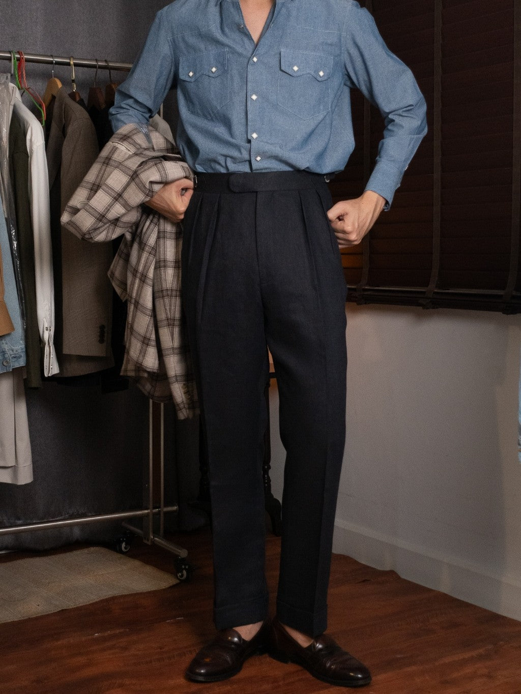 [T12LN-NAVY] กางเกงลินินขายาวเอวสูง Classic High Waist Trousers โมเดล T12LN สี Navy