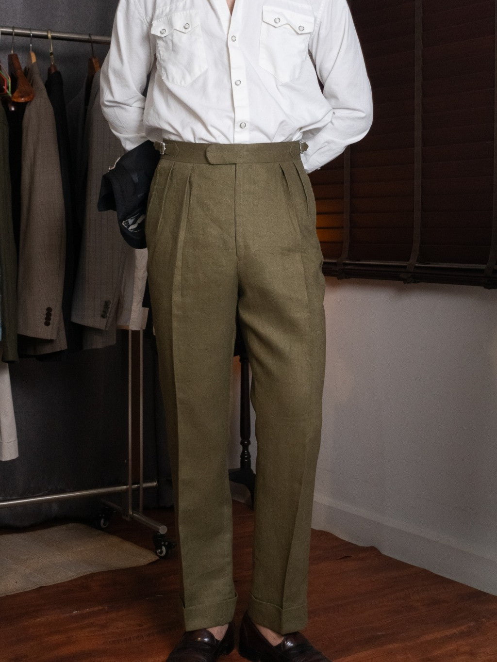 [T12LN-OLIVE] กางเกงลินินขายาวเอวสูง Classic High Waist Trousers โมเดล T12LN สี Olive