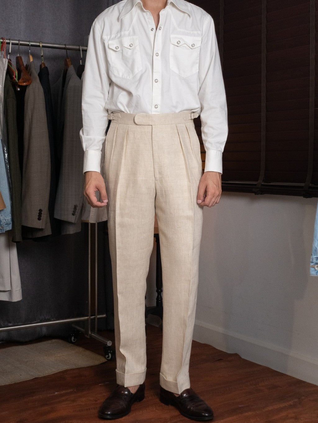 [T12LN-BEIGE] กางเกงลินินขายาวเอวสูง Classic High Waist Trousers โมเดล T12LN สี Beige