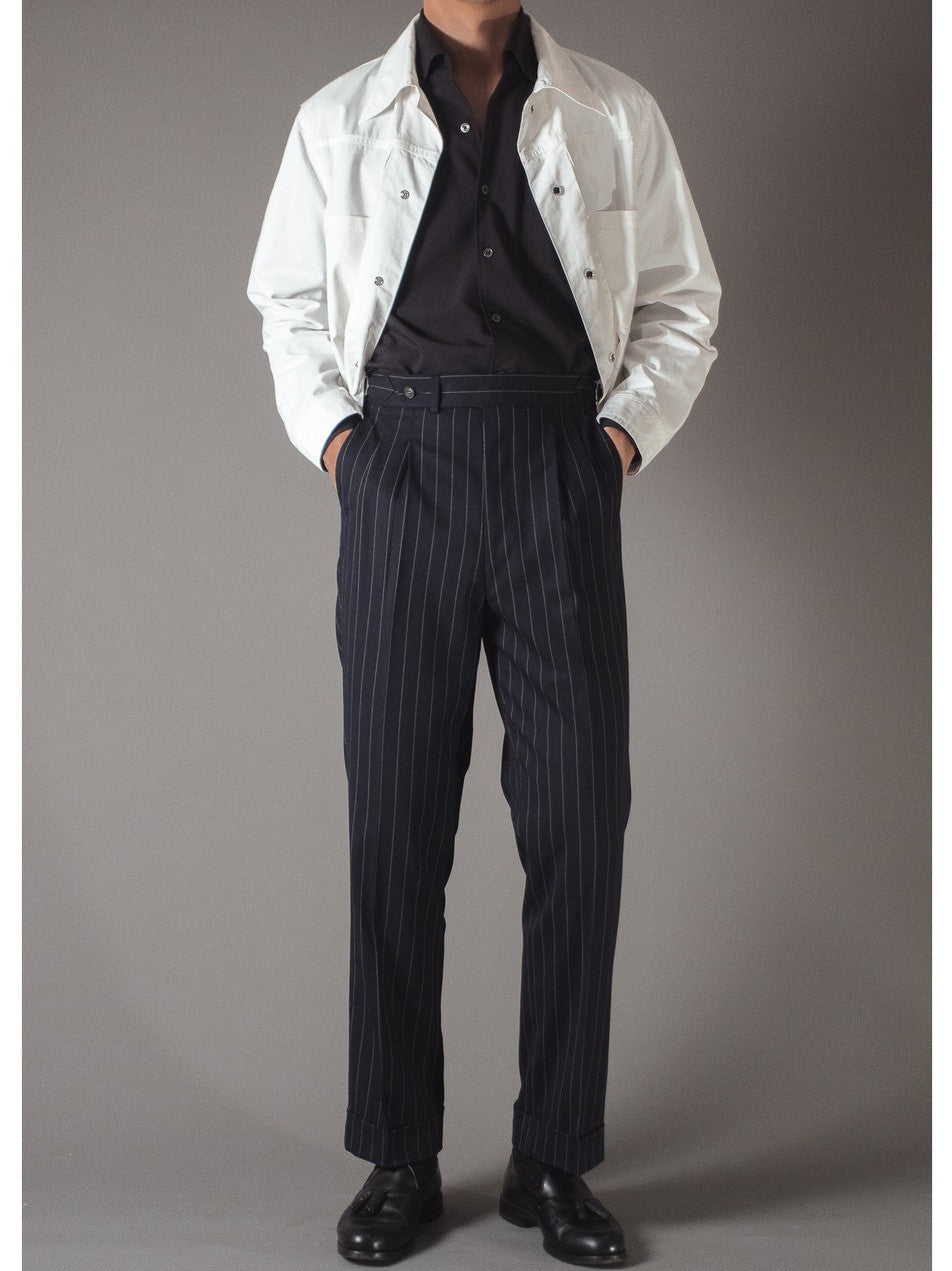 [T9SP-DARKG] กางเกงขายาวเอวสูง ลาย Pinstripe Classic High Waist Trousers "DARK GRAY"