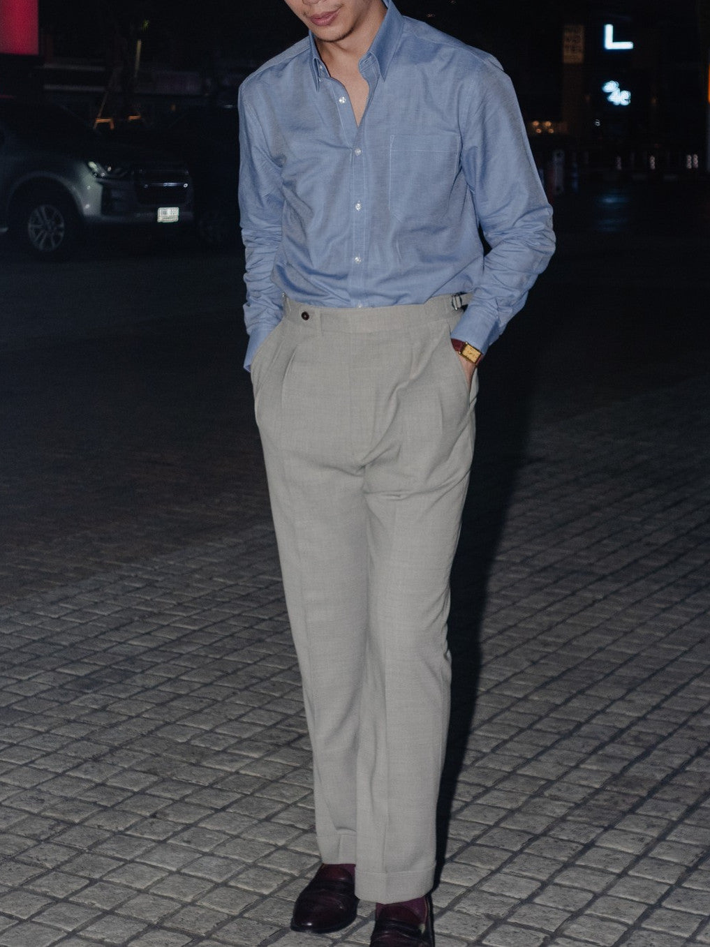 [S6-INDIGO]เสื้อเชิ้ต Classic collar hidden button down ผ้าคอตตอน 100% (Indigo)