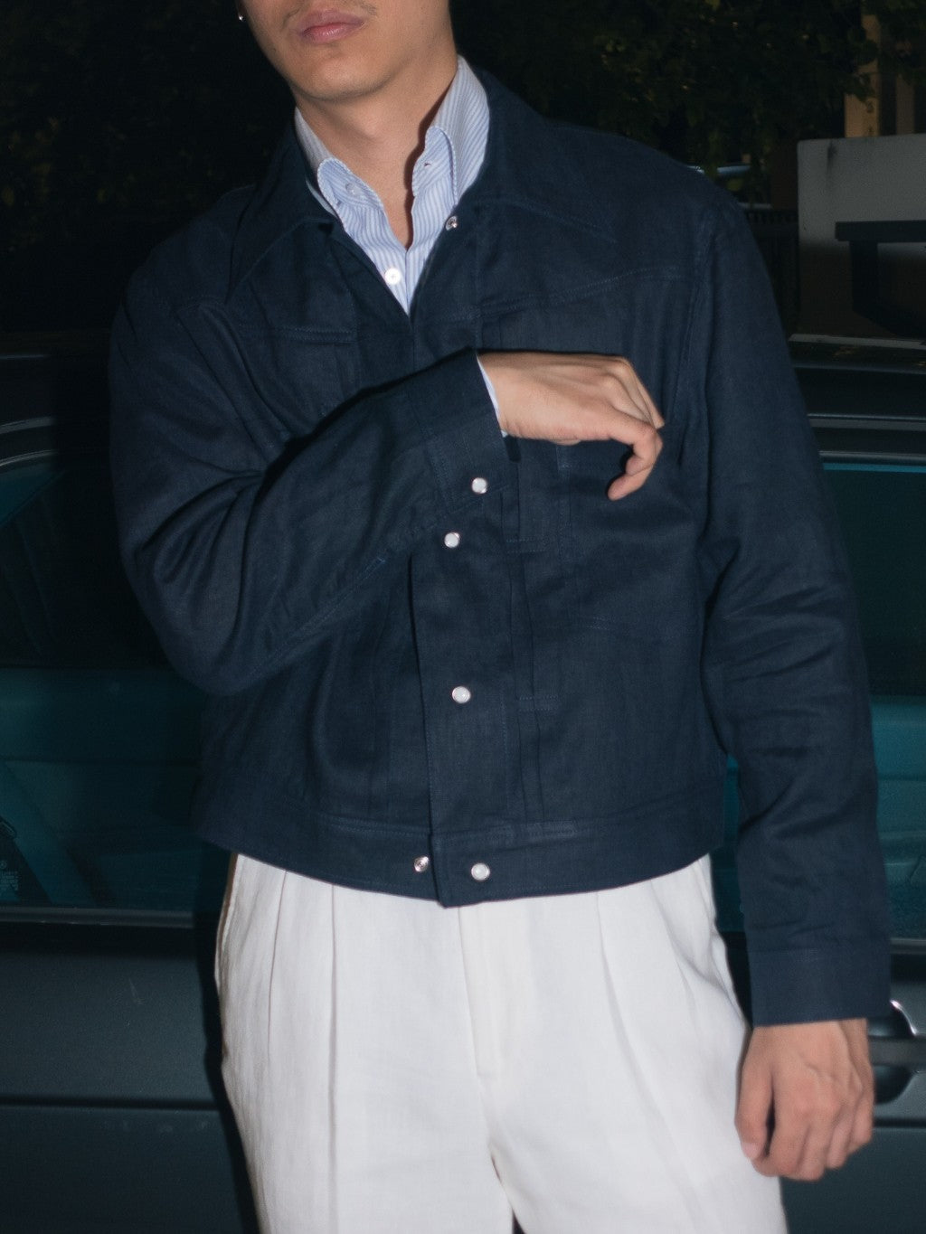 [J1LN-NAVY] Linen trucker jacket - แจ๊คเก๊ตลินินทรงครอป
