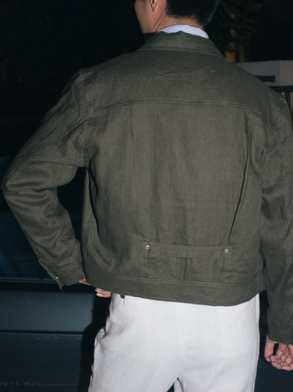 [J1LN-OLIVE] Linen trucker jacket - แจ๊คเก๊ตลินินทรงครอป