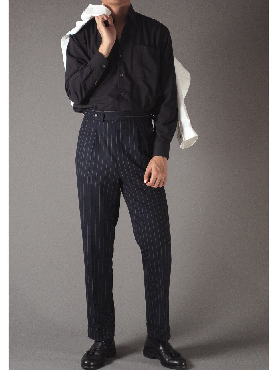 [T9SP-DARKG] กางเกงขายาวเอวสูง ลาย Pinstripe Classic High Waist Trousers "DARK GRAY"