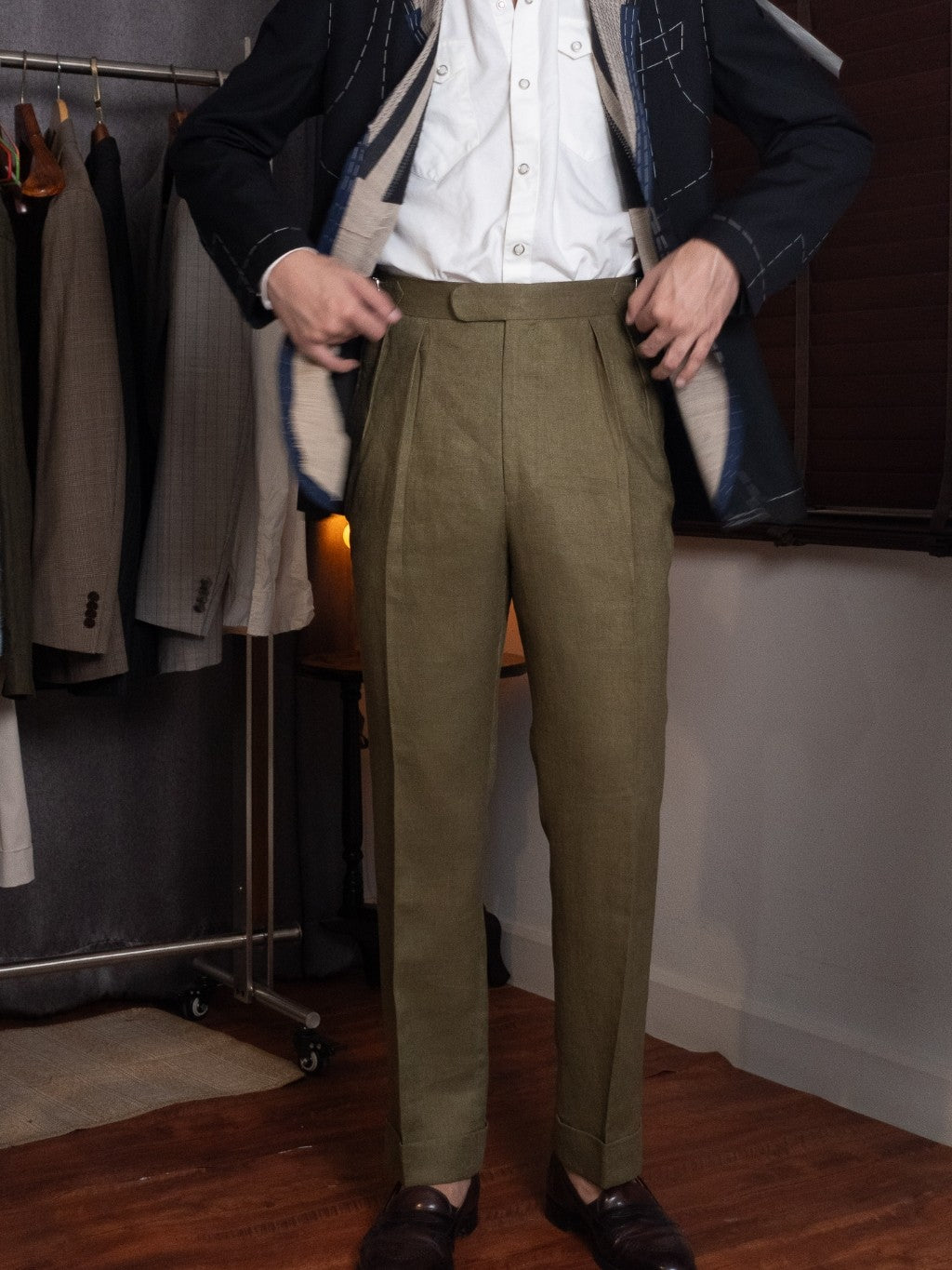 [T12LN-OLIVE] กางเกงลินินขายาวเอวสูง Classic High Waist Trousers โมเดล T12LN สี Olive