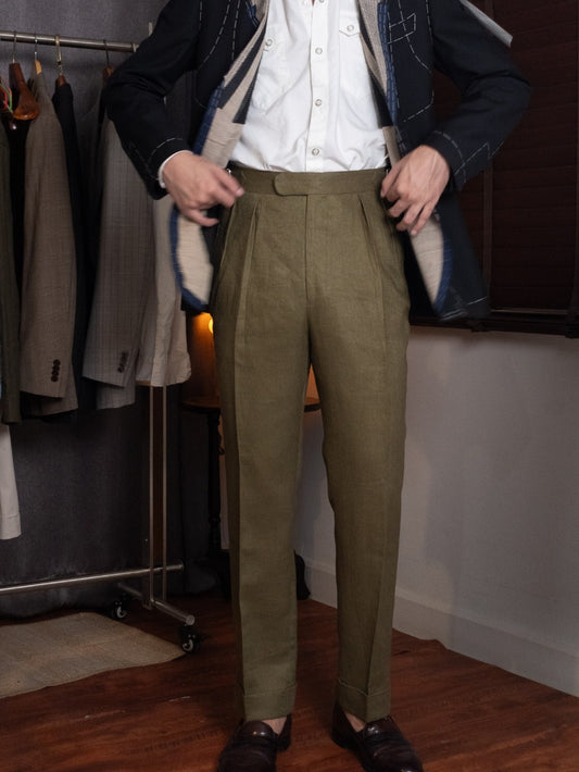 [T12LN-OLIVE] กางเกงลินินขายาวเอวสูง Classic High Waist Trousers โมเดล T12LN สี Olive