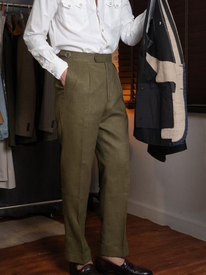 [T12LN-OLIVE] กางเกงลินินขายาวเอวสูง Classic High Waist Trousers โมเดล T12LN สี Olive