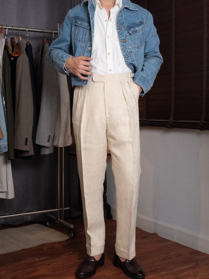 [T12LN-BEIGE] กางเกงลินินขายาวเอวสูง Classic High Waist Trousers โมเดล T12LN สี Beige