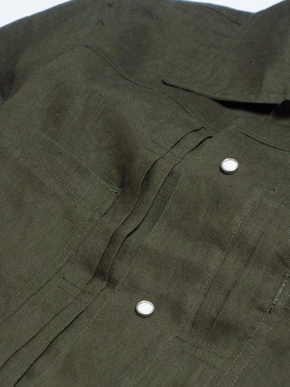 [J1LN-OLIVE] Linen trucker jacket - แจ๊คเก๊ตลินินทรงครอป